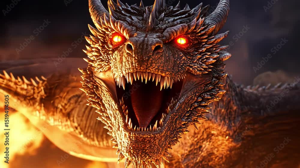 Epic black dragon with fire, wings, scales and glowing eyes fantasy creature. Epic black dragon with fire, wings, scales and glowing eyes fantasy creature.