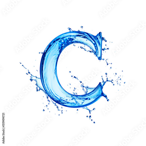 Blue water splash forming letter c abstract design art on transparent background