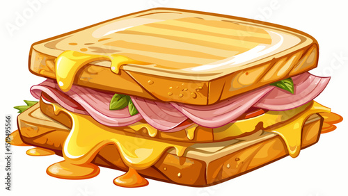 Grilled ham and cheese sandwich with creamy béchamel sauce, presented in close-up on white background, showing gooey melted cheese and toasted bread, perfect for European café-style fast food.