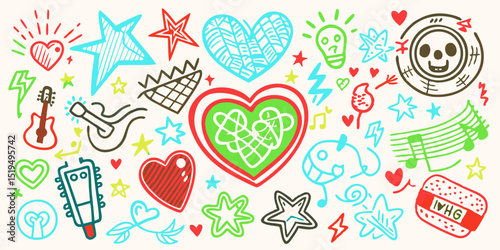 Hand drawn doodle music and love pattern