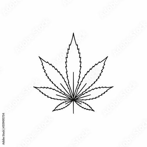 Cannabis leaf illustration in black line art style on white background  