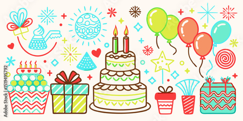 Colorful doodle birthday party elements illustration