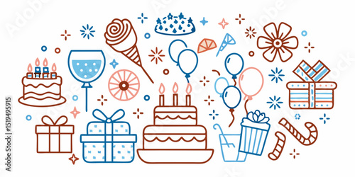 Happy birthday party celebration line art illustration