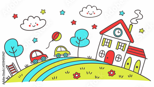 Cute cartoon house on hill with cars and trees