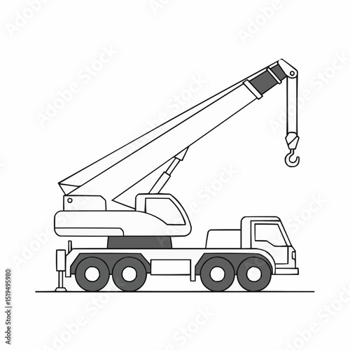 Crane truck with extended arm and hook on a construction site  