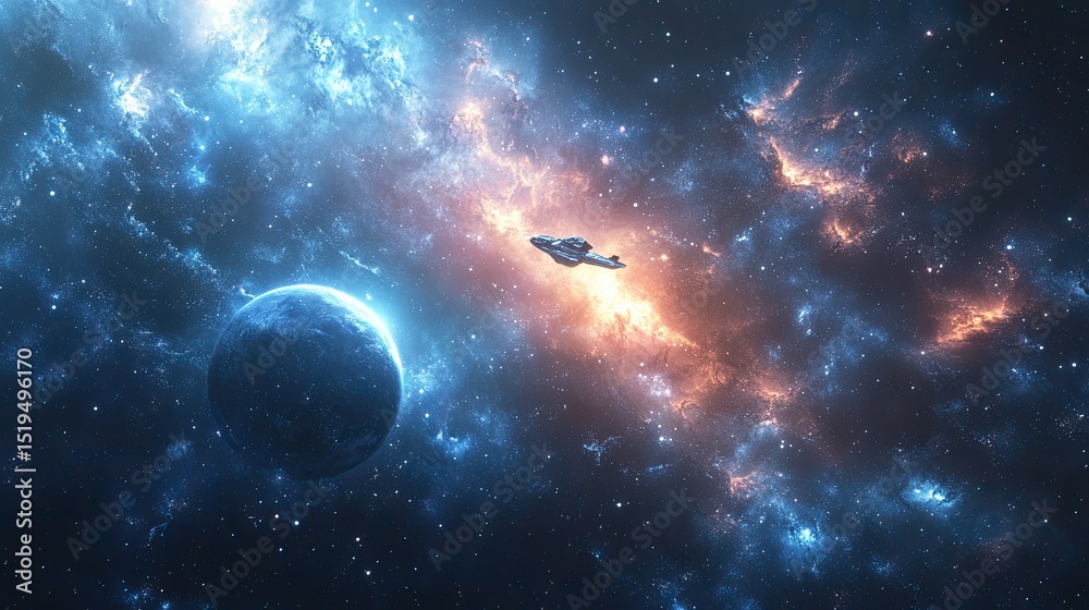 Fototapeta premium Beautiful outer space scenery with a small spaceship and distant planets against a deep cosmic background. AI.