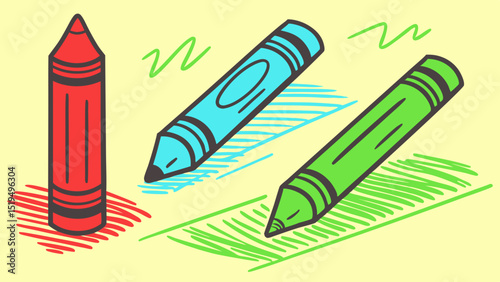Colorful crayons drawing on yellow background