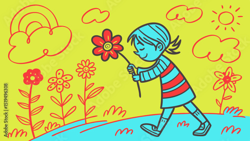 Happy child walking in a flower garden