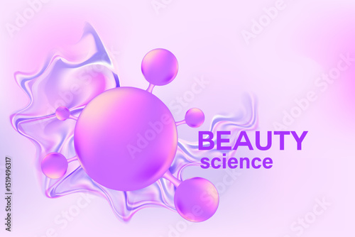 Light pink, purple 3D molecule background, aesthetic bio molecular atom structure poster, liquid serum formula. Cosmetic beauty science product backdrop with copy space. skincare treatment banner