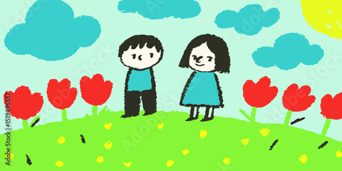 Childrens drawing happy couple in spring garden