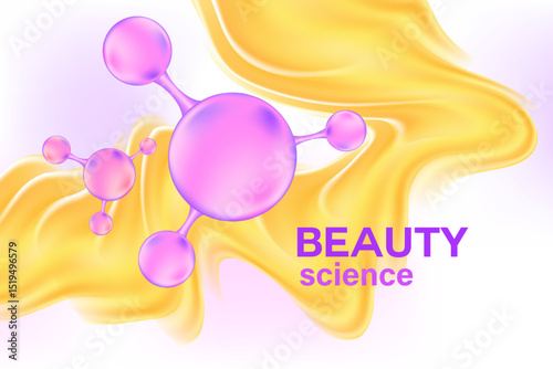 Light pink, purple 3D molecule background, aesthetic bio molecular atom structure poster, liquid serum formula. Cosmetic beauty science product backdrop with copy space. skincare treatment banner