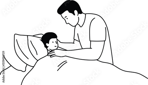Tender Fatherly Love A Vector Illustration of a Dad Tucking His Child into Bed