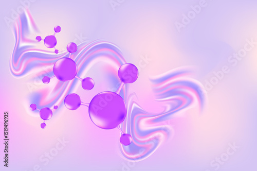 Light pink, purple beauty molecule background with copy space, aesthetic bio molecular atom structure poster, liquid serum formula. Cosmetic product backdrop. skincare treatment banner