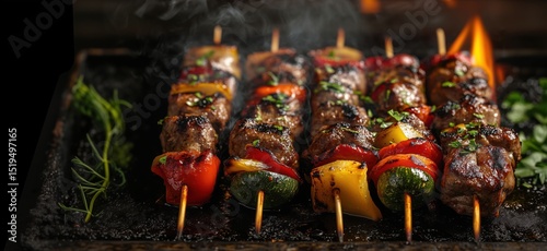 Grilled kebabs with colorful vegetables and herbs on skewers over smoky barbecue