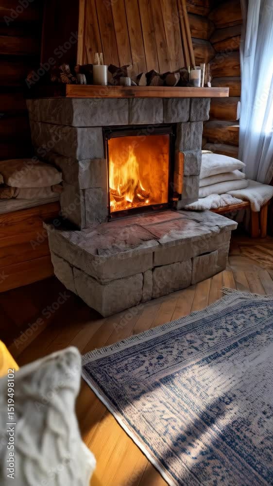 Cozy interior featuring a stone fireplace with roaring fire, pillows, wooden walls and floors, creating a warm, inviting atmosphere. Cozy interior featuring a stone fireplace with roaring fire, pillows, wooden walls and floors, creating a warm, inviting atmosphere.