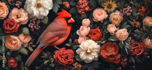 Vibrant red cardinal perched among colorful roses and flowers in lush floral arrangement