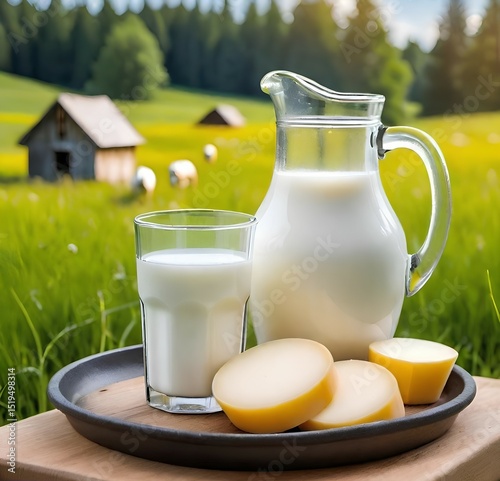 jug and glass of milk and cheese on a tray against the backdrop of a rural landscape