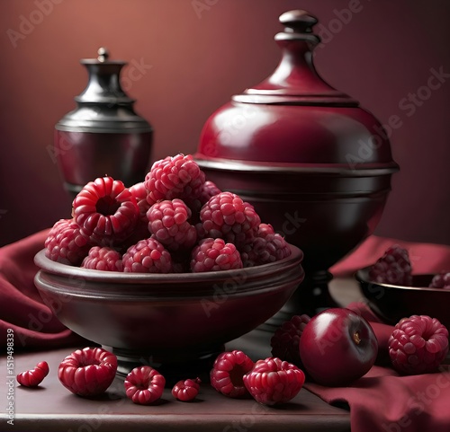 Still life with raspberries and cherries in scarlet tones