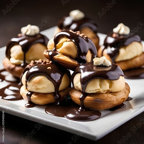 profiteroles with chocolate on a white plate