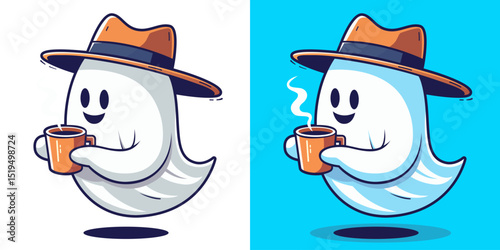 Coffee ghost. Ghost character. Spooky Halloween Ghost with a cup. Ghost drinking coffee. Ghost in a hat. Happy Halloween phantom. Cute cartoon spooky character. Ghost holding a mug. Flat style