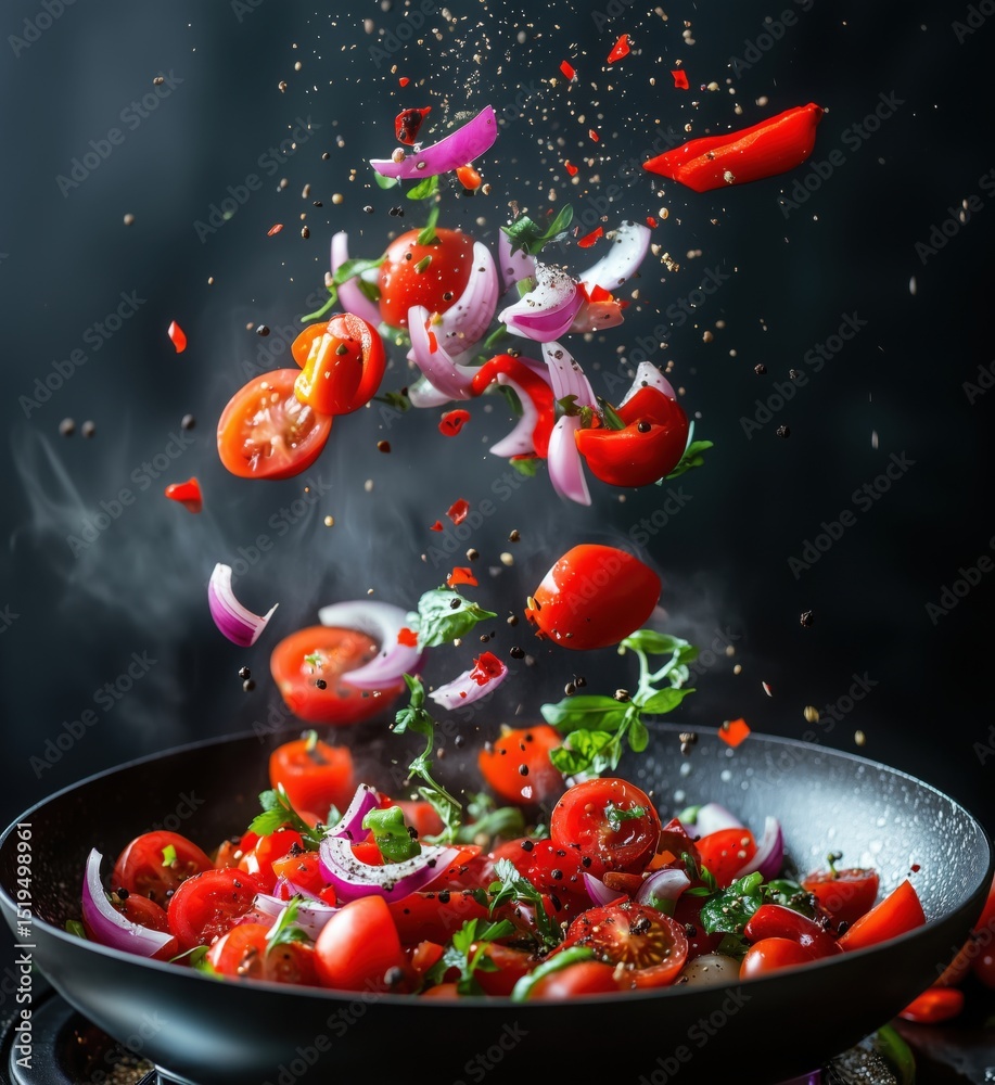 Vibrant vegetables flying in air during cooking process in a frying pan Vibrant vegetables flying in air during cooking process in a frying pan