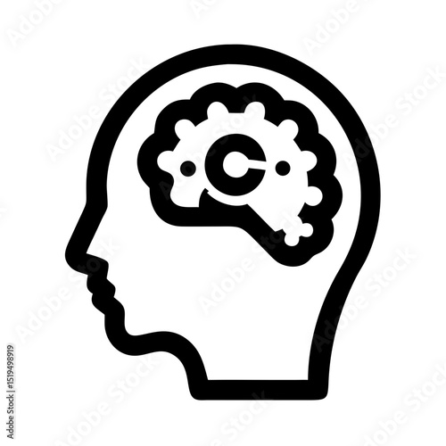 Conceptual representation of a human head displaying cognitive processes and brain activity in a minimalist design