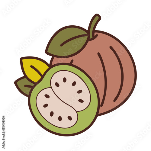 Colorful illustration of a guava and its cross-section revealing seeds and flesh in vibrant detail