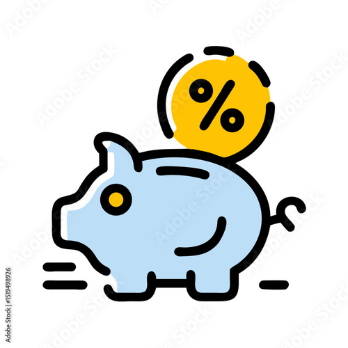 A cheerful piggy bank receives a golden percentage coin, symbolizing savings and investment growth