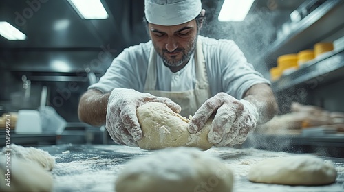Baker kneading dough in a professional kitchen, preparing fresh bread with artisanal craftsmanship