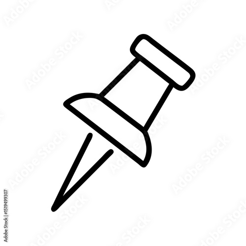 Simple black and white drawing of a push pin on a white background for office supplies or stationery