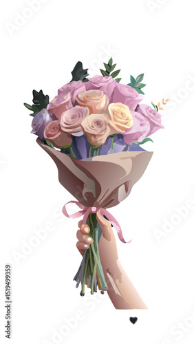 Holding a bouquet of mixed roses with delicate pastel colors and greenery in a simple brown wrap during a sunny afternoon