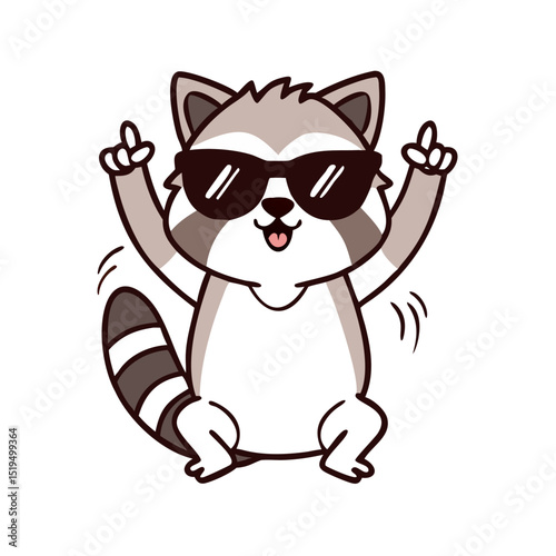 Cute cartoon raccoon dancing happily with sunglasses and raised paws in a fun, cheerful atmosphere for a playful vibe
