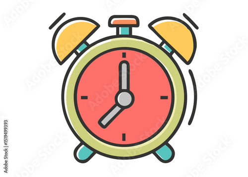 Brightly colored alarm clock showing a time just past 7 am with ringing bells on top and a cheerful design