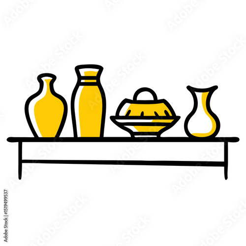 Decorative pottery display on a shelf showcasing various yellow vases and dishes in a bright and minimalistic setting