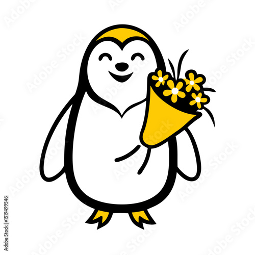 Happy penguin holding a bouquet of flowers in a cheerful and colorful setting for a joyous occasion