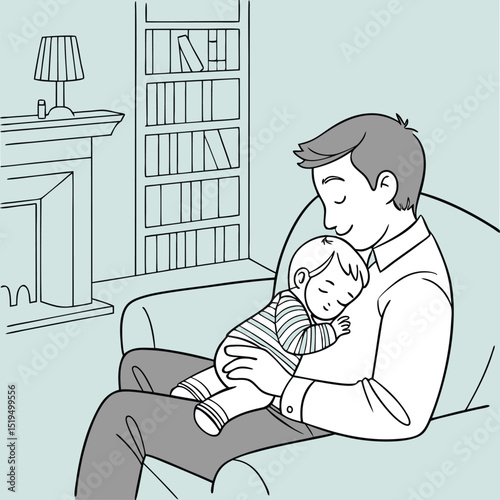 Fatherhood's Embrace: A heartwarming sketch captures a father tenderly cradling his peacefully sleeping baby, nestled safely in his arms within a cozy home setting.