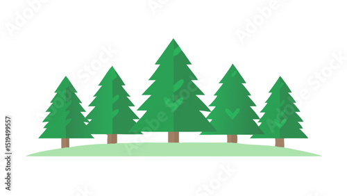 Green coniferous trees standing together on a grassy hill in a sunny landscape