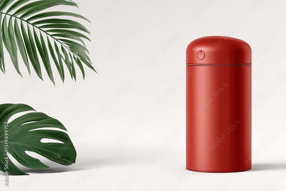 Modern red trash bin placed beside green tropical leaves in a minimalist setting Modern red trash bin placed beside green tropical leaves in a minimalist setting
