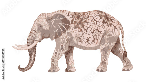 Elephant with unique skin pattern walks through the savanna during midday under a clear blue sky showcasing nature's beauty