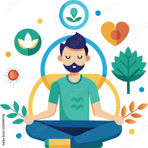 Man Meditating with Nature Elements and Aquarius Symbolism for Wellness and Balance