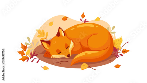 Cute orange fox curled up among autumn leaves in a peaceful forest setting