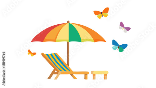 Colorful beach umbrella with lounge chair and butterflies fluttering in a sunny outdoor setting