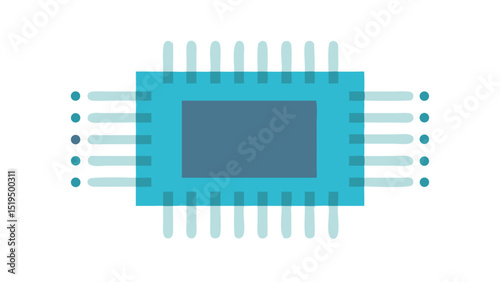 Microchip design featuring a blue integrated circuit with elongated pins on a white background