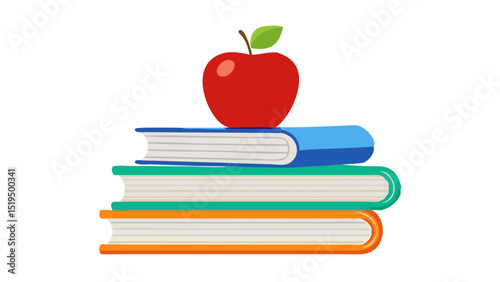 Stack of colorful books topped with a red apple on a white background showcasing learning and education themes