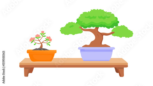 Decorative plant display featuring a bonsai tree and flowering plant on a wooden shelf