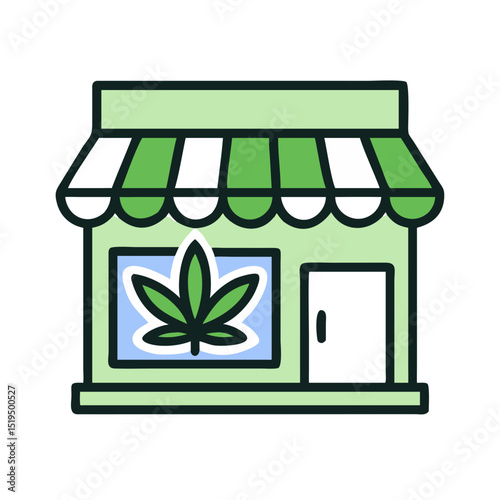 Shop front featuring green and white awning with cannabis leaf logo on window displaying a welcoming atmosphere for customers