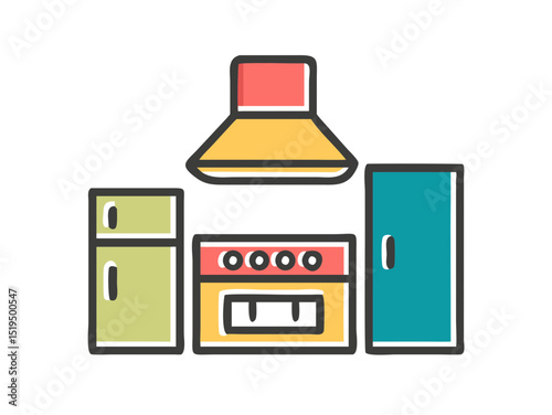Colorful kitchen appliances depicted in a simple illustration showcasing a modern cooking space