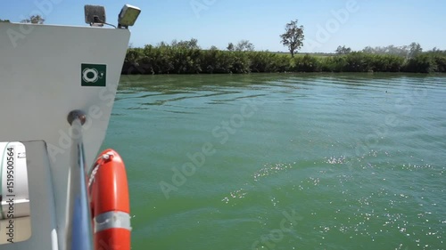 view of river waves and coastline with trees and reeds from a boat with a lifebuoy in the summer heat. Ecotourism by boat in Spain on the Ebro River.