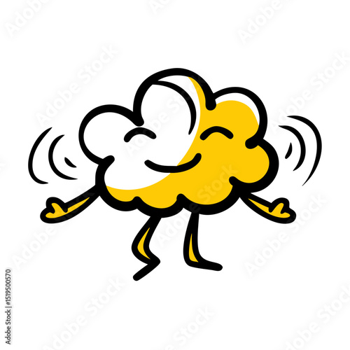 Smiling cartoon popcorn character dancing joyfully with raised arms against a simple background
