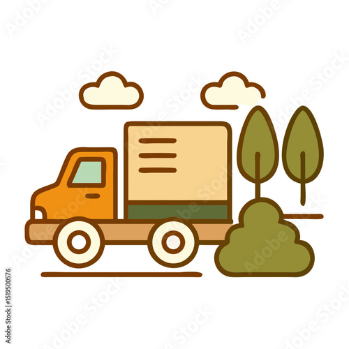 Delivery truck driving through a green landscape with trees and clouds under a clear sky in a sunny afternoon